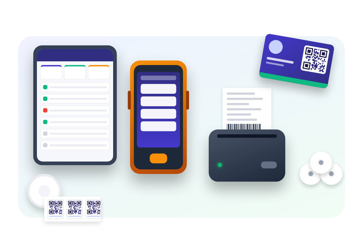 Tablette, téléphone de terrain, imprimante ticket, carte prestataire et étiquettes QR
