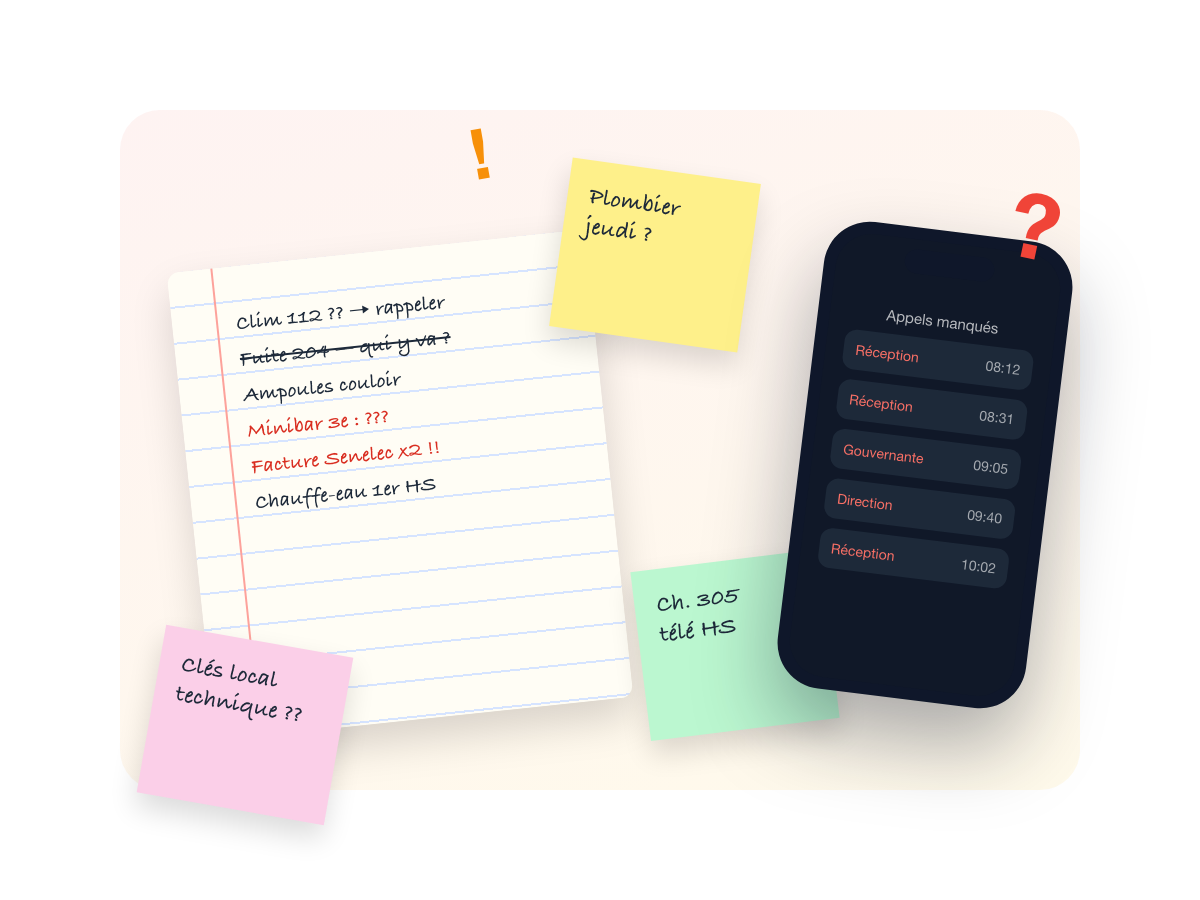 Cahier de maintenance, post-it et appels manqués